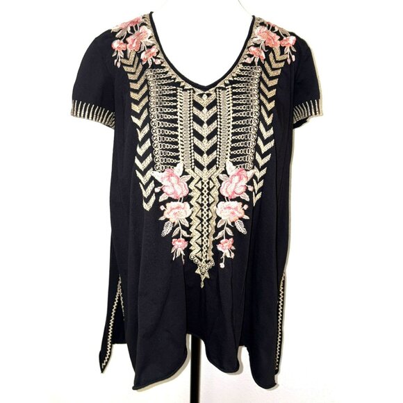 Johnny Was Rianne Knit Drape Top Black With Embroidered Floral Design Size XS - Picture 1 of 9